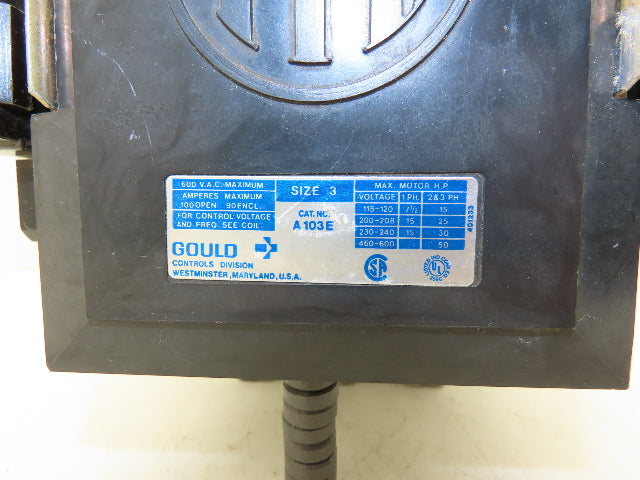 Gould A103E NEMA Size 3 Motor Starter Contactor 600V 50Hp Coil 480V 100A