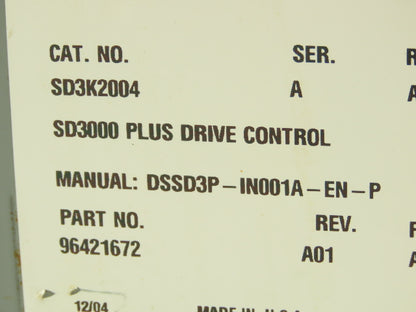 Rockwell SD3K-2004 SD3000 Plus DC Drive Control Rev A01 Series A 120VAC 96421672