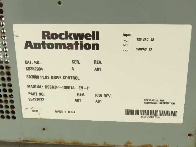 Rockwell SD3K-2004 SD3000 Plus DC Drive Control Rev A01 Series A 120VAC 96421672