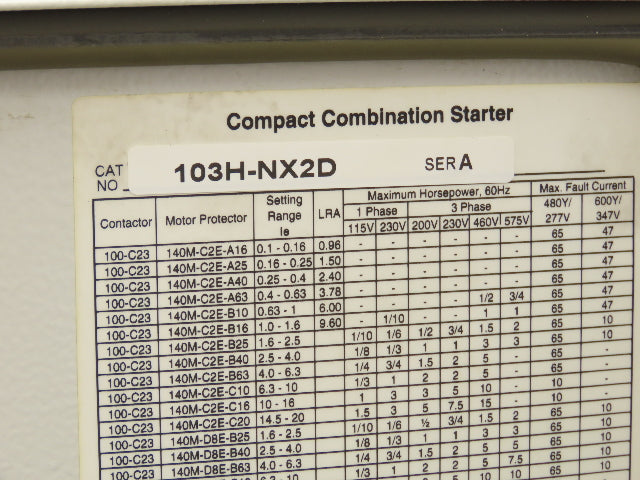 Allen Bradley 103H-NX2D Reversing Motor Starter Enclosed Disconnect 140M-C2E-C10