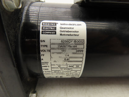 Bodine 33A5BEPM-W4 DC Gearmotor 180V 97.5:1 Reducer 18 RPM 17Nm Parallel Shaft