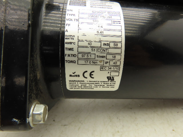 Bodine 33A5BEPM-W4 DC Gearmotor 180V 97.5:1 Reducer 18 RPM 17Nm Parallel Shaft