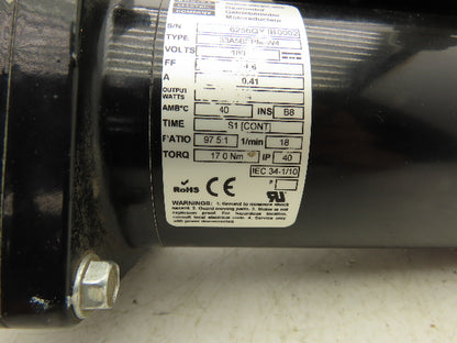 Bodine 33A5BEPM-W4 DC Gearmotor 180V 97.5:1 Reducer 18 RPM 17Nm Parallel Shaft