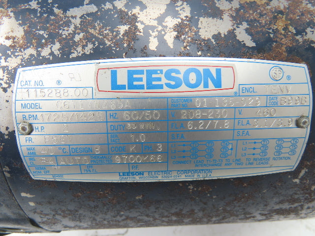 Leeson 115288.00 Hydraulic Pump Motor 2Hp 1725rpm 230/460V 3PH F56Y C6T17NZ65A