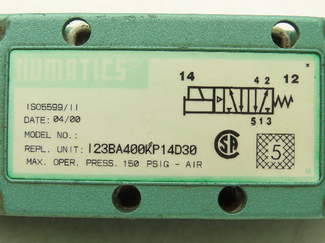 Numatics I23BA400KP14D30 Pneumatic Solenoid Valve 4/2 150psi 120VAC Solenoid