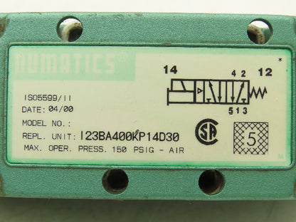 Numatics I23BA400KP14D30 Pneumatic Solenoid Valve 4/2 150psi 120VAC Solenoid