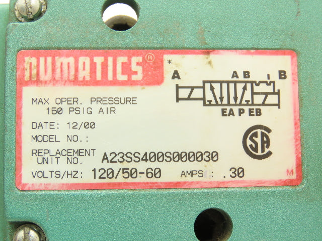 Numatics A23SS400S000030 Pneumatic Solenoid Valve 4/2 Way 150PSI 120VAC