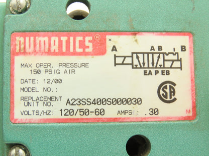 Numatics A23SS400S000030 Pneumatic Solenoid Valve 4/2 Way 150PSI 120VAC