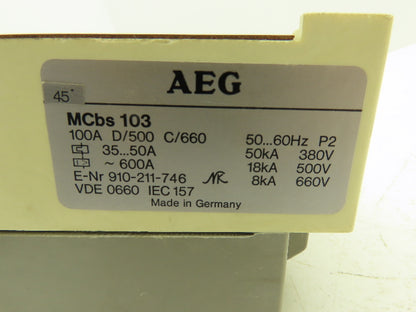 AEG MCBS103 Disconnect Switch 100AMP 3 Pole 380-660VAC W 6 Lug Connectors