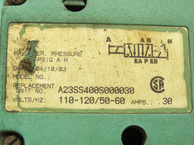 Numatics A23SS400S000030 Pneumatic Solenoid Valve 4/2 Way 150PSI 120VAC