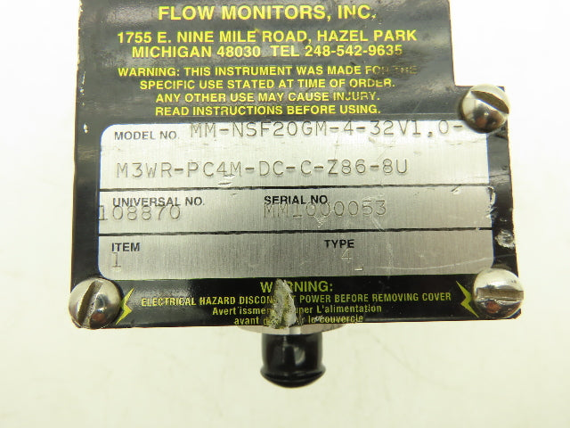 UFM Flow MM-NSF20GM-4-32V1.0-M3WR-PC4M-DC-C-Z86-8U Flow Monitor 1/2"NPT 20 GPM