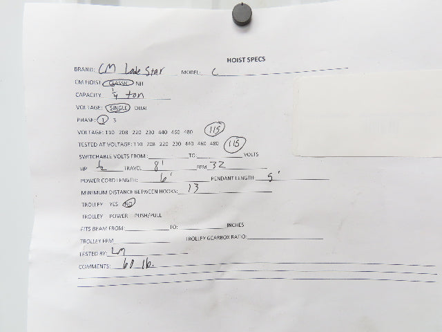 CM Lodestar C 1/4 Ton Electric Chain Hoist 32 FPM 8' Travel 5' Pendant 120 Volt