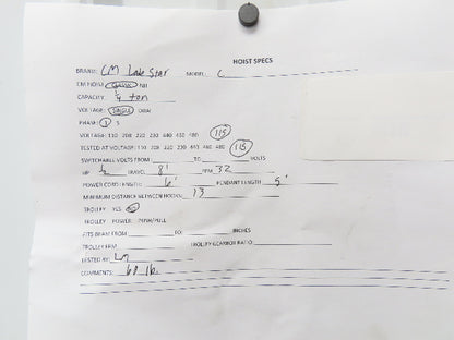 CM Lodestar C 1/4 Ton Electric Chain Hoist 32 FPM 8' Travel 5' Pendant 120 Volt