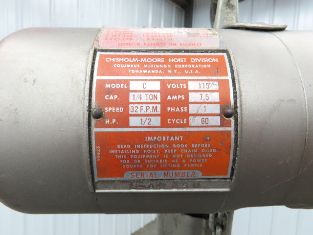 CM Lodestar C 1/4 Ton Electric Chain Hoist 32 FPM 8' Travel 5' Pendant 120 Volt