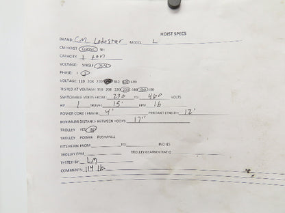 CM Lodestar L 1 Ton Electric Chain Hoist 16 FPM 15' Lift 230/460 Volt 3PH
