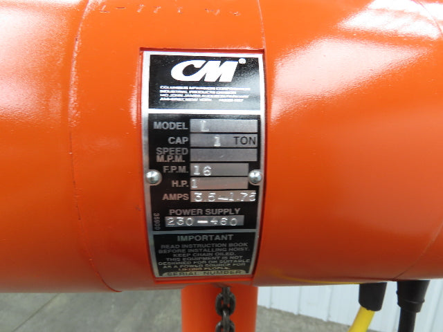 CM Lodestar L 1 Ton Electric Chain Hoist 16 FPM 15' Lift 230/460 Volt 3PH