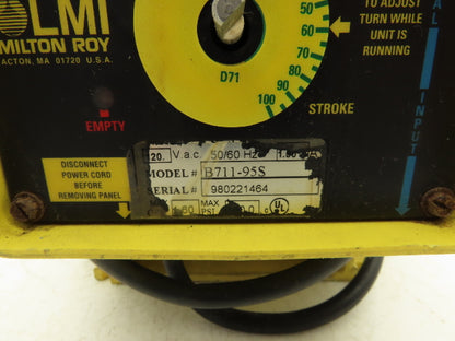 LMI Milton Roy B711-95S Chemical Metering Dosing Pump 1.6GPH 120V 150PSI