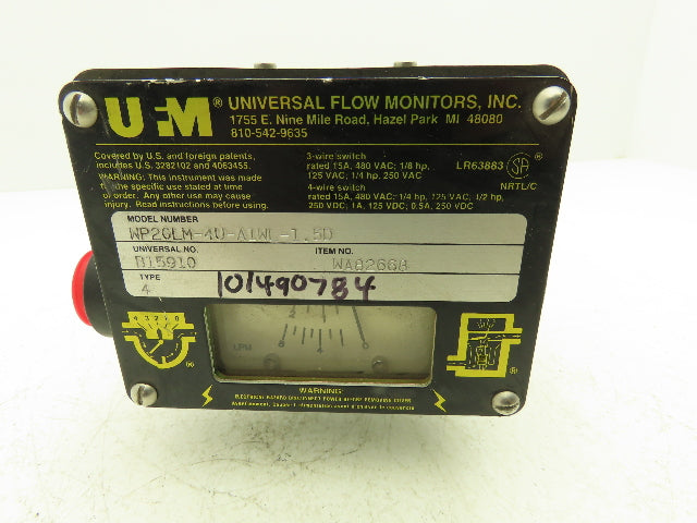 UFM WP2GLM-4U-A1WL-1.5D Flow Meter Monitor 1/2" NPT Port 2 GPM 3 Wire Switch