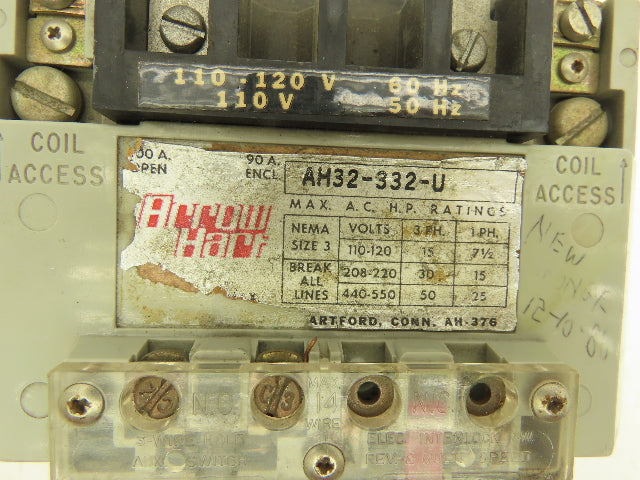 Arrow Hart AH32-332-U Motor Starter Contactor 3Ph 50Hp Size 3 550VAC Coil 120V
