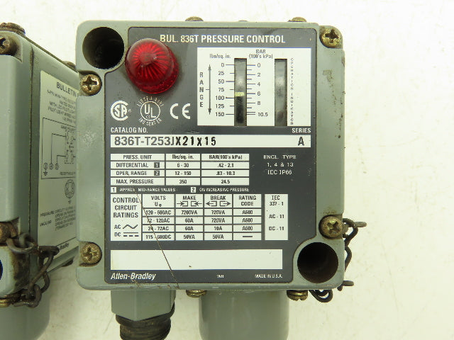 Allen Bradley 836T-T253JX21X15 Series A Pressure Control 6-30 PSI Diff Lot of 2