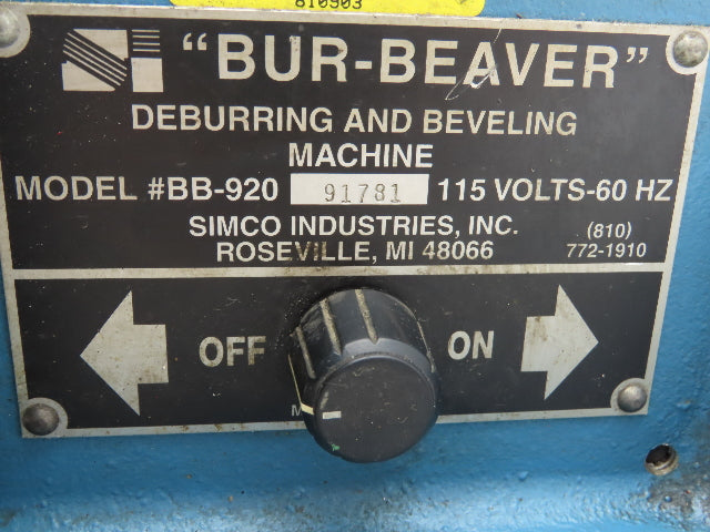 Simco Industries BB-920 Bur-Beaver Deburring & Beveling Machine 115VAC
