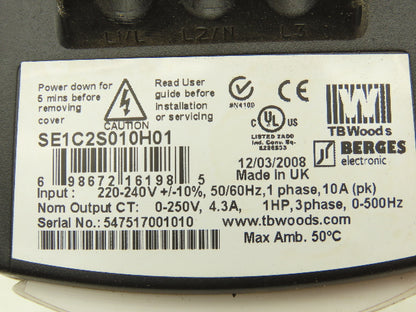TB Woods 698672161985 AC Drive 1Hp 230V 1Ph In VFD S Series Single Phase Input
