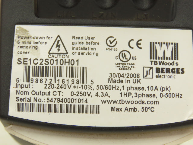 TB Woods 698672161985 AC Drive 1Hp 230V 1Ph In VFD S Series Single Phase Input