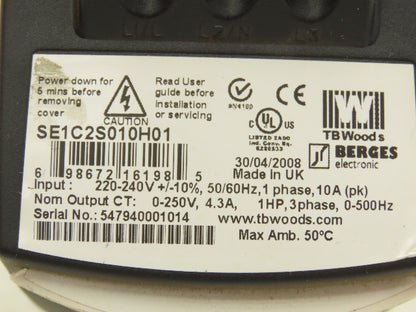 TB Woods 698672161985 AC Drive 1Hp 230V 1Ph In VFD S Series Single Phase Input