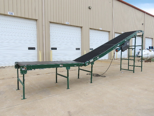 Dematic 42"x 28' Flat to Incline Belt Conveyor RH Center Drive 460V 95fpm 118"H