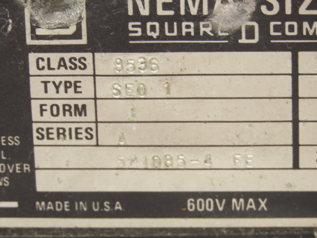 Square D 8536 Motor Starter Contactor Size 3 50Hp 3PH 600V 120V Coil Enclosure