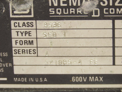 Square D 8536 Motor Starter Contactor Size 3 50Hp 3PH 600V 120V Coil Enclosure