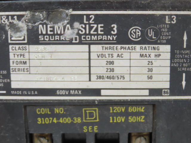 Square D 8536 Motor Starter Contactor Size 3 50Hp 3PH 600V 120V Coil Enclosure