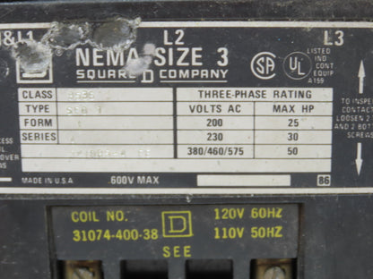 Square D 8536 Motor Starter Contactor Size 3 50Hp 3PH 600V 120V Coil Enclosure