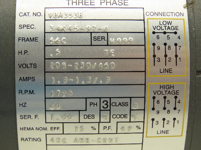 Baldor VBM3538 Brake Motor 1/2Hp 1725rpm 230/460V 3PH 56C **Brake Removed**