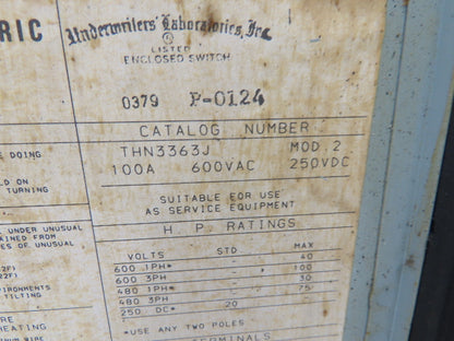 General Electric THN3363JCL Heavy Duty Safety Disconnect Switch 100A 600VAC 3P