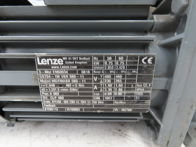 Lenze MDEMABR 080-11 Brake Gear Motor 2:1-1710rpm .75kw 230/460V CST04-1M VBR