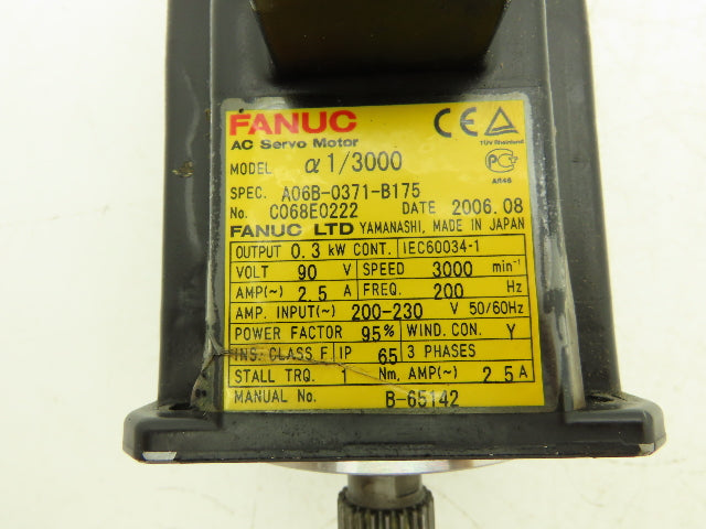 Fanuc A06B-0371-B175 AC Servo Motor .3kW 90v 3Ph 3000RPM Encoder A860-0360-T001