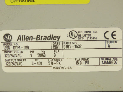 Allen Bradley 1398-DDM-009 Series Servo Drive 1PH 120/240V 50/60Hz Ser A