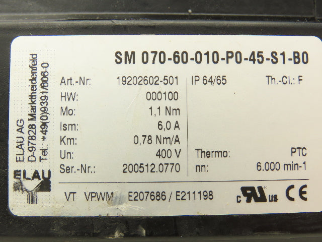 Elau SM 07060010P045S1B0 AC Servo Motor 6000rpm 400V w/10:1 Gearbox 16mm Shaft