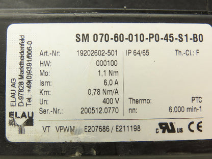 Elau SM 07060010P045S1B0 AC Servo Motor 6000rpm 400V w/10:1 Gearbox 16mm Shaft