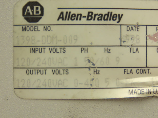 Allen Bradley 1398-DDM-009 Series Servo Drive 1PH 120/240VAC 50/60 Hz REV P