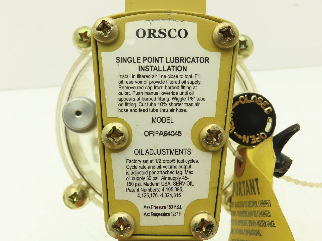 Orsco ORPA64045 Single Point Air Tool Lubricator 150PSI 125°F 1/2" NPT Inlet