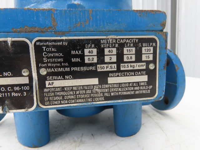 Total Control Systems 682-15AF-1 Flow Meter 40 GPM Max 0.2 GPM Min 150 PSI Rev 3