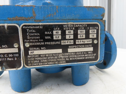 Total Control Systems 682-15AF-1 Flow Meter 40 GPM Max 0.2 GPM Min 150 PSI Rev 3
