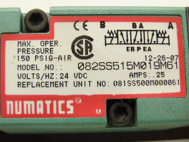 Numatics 082SS515M019M61 Pneumatic Dual Solenoid Valve 4/3 Way 150 PSI 24VDC