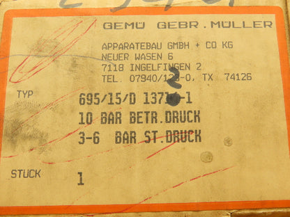 GEMU 695/15/D 13714-1 Pneumatic Operated Diaphragm Valve 1/2" NPT Pilot 1/8" NPT