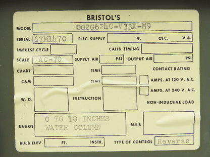 Bristol OG2G624C Pressure Controller 0-10 Water Colum Scale AC-70 Type-Reverse