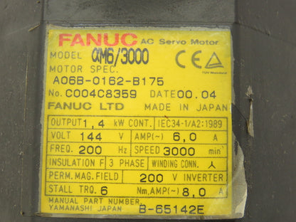 Fanuc A06B-0162-B175 AC Servo Motor 1.4 kW A860-0360-V501 Pulse Coder