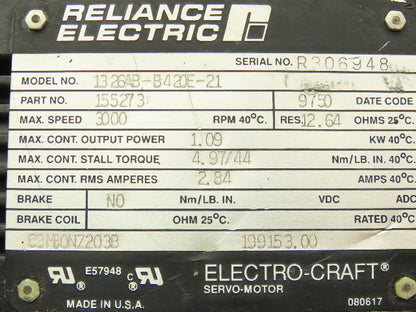 Reliance Electric 1326AB-B420E-21 AC Servo Motor 460V 3Ph 1.09kw 3000 RPM
