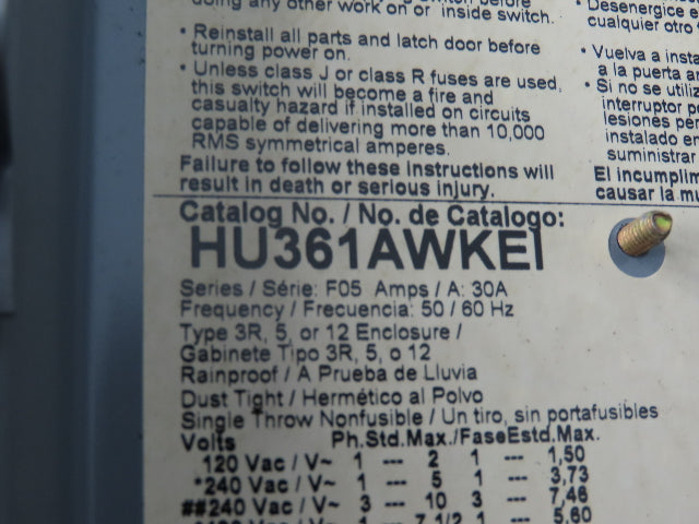 Square D HU361 Safety Disconnect Switch 30A 600V 3Ph 30HP Non Fused Lot Of 15